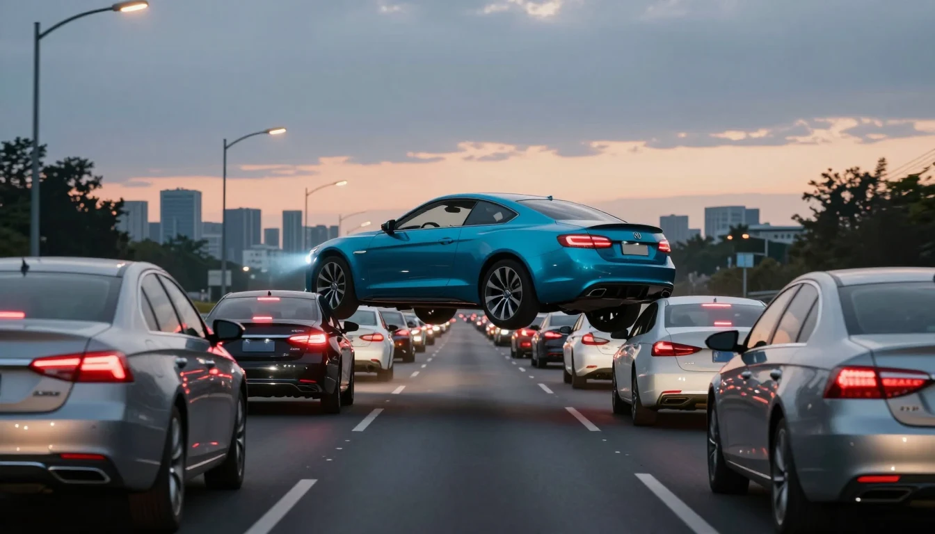 A car lifting off above a queue of traffic on a night expressway